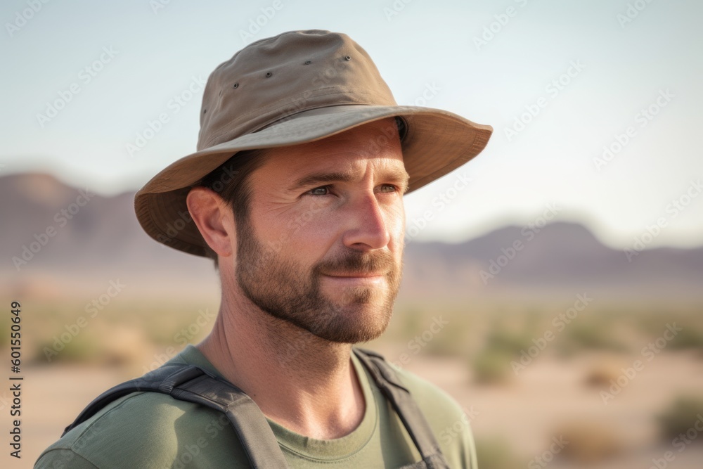 Handsome man wearing a hat in the middle of the desert