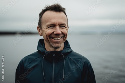 Portrait of a smiling middle-aged man in a black jacket on the background of the sea.