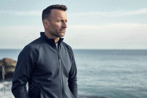 Portrait of a handsome middle-aged man in sportswear looking away while standing by the sea