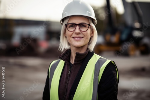 Portrait of female engineer wearing safety vest and eyeglasses at construction site