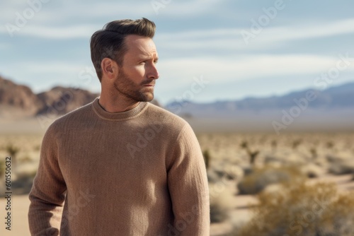 Handsome man standing in the middle of the desert and looking away.