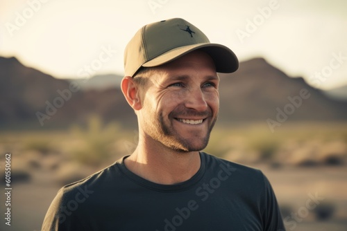 Portrait of a smiling young man wearing baseball cap in the desert
