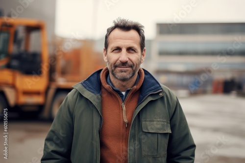Portrait of confident mature man standing outside in front of construction site