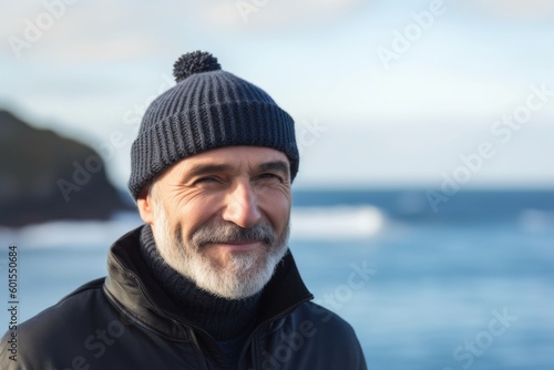 Portrait of a senior man in winter clothes against the background of the sea © Leon Waltz