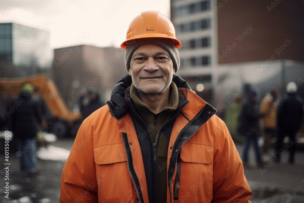 Portrait of a senior construction worker in orange hardhat standing outdoors