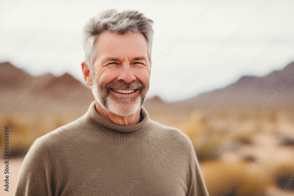 Portrait of a smiling senior man standing in the middle of the desert Portrait of a smiling senior man standing in the middle of the desert