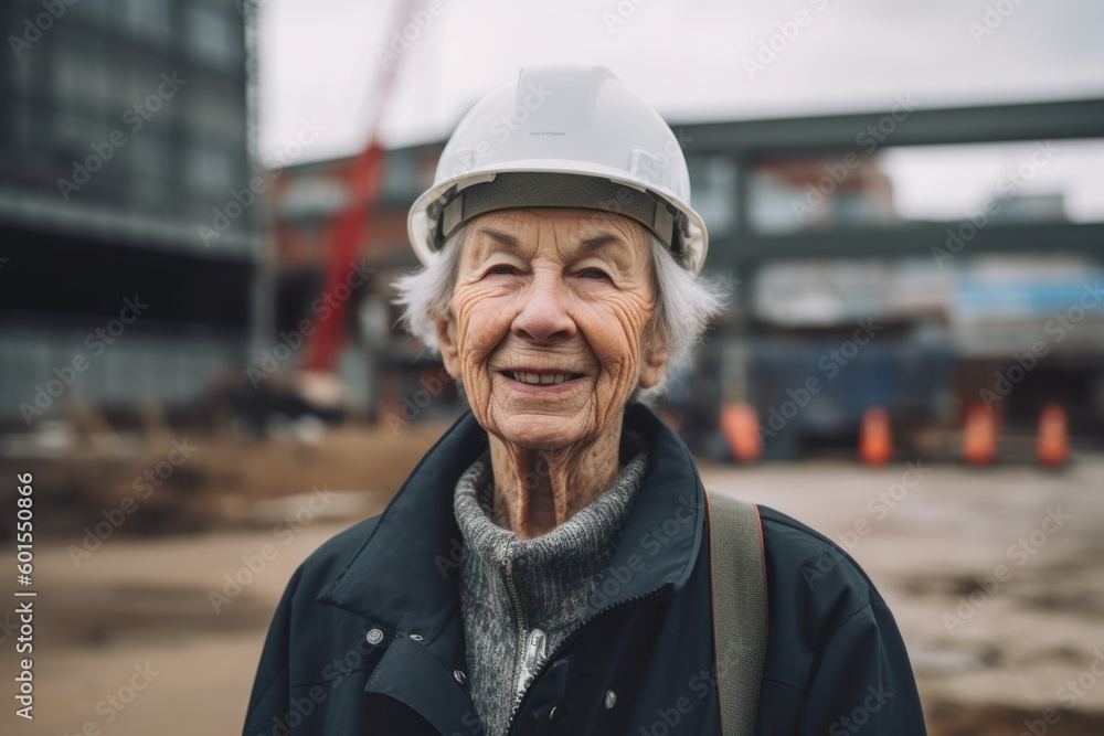 Portrait of an elderly woman in a hard hat on a construction site