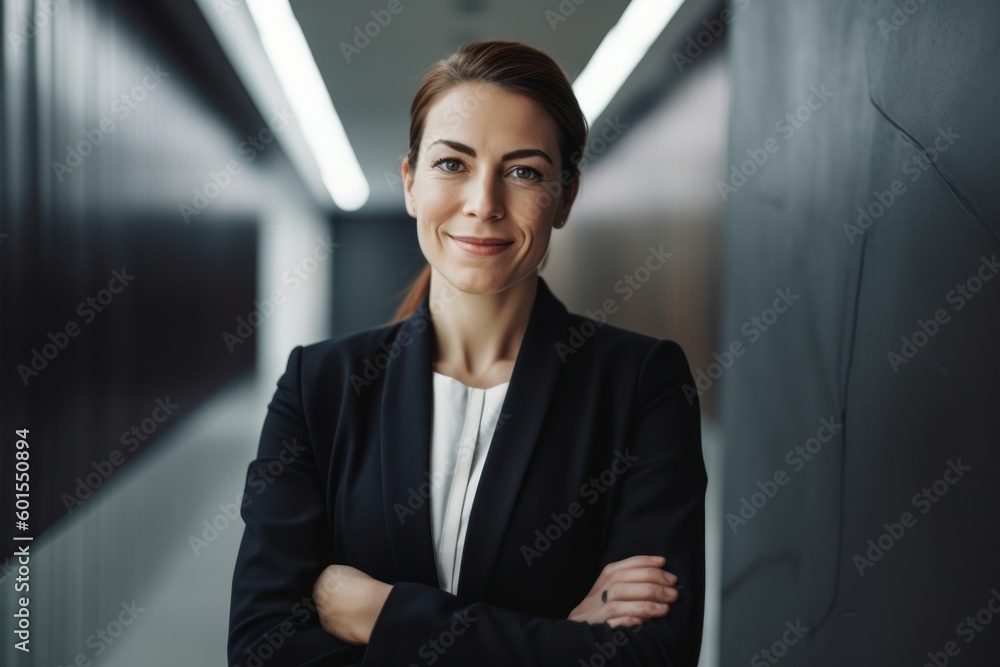 Portrait of smiling businesswoman standing with arms crossed in office corridor