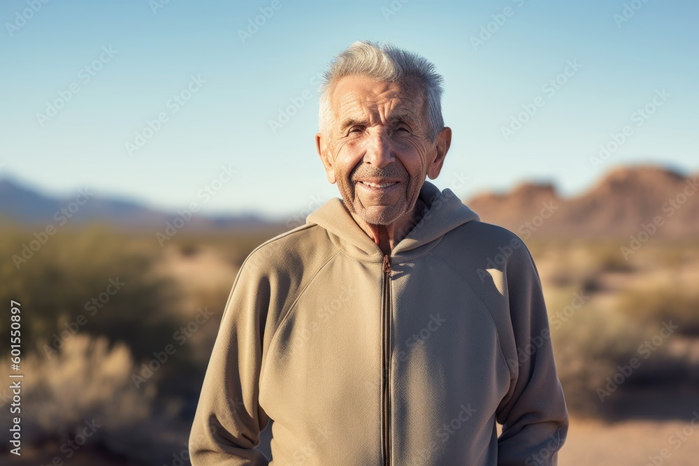 Portrait of smiling senior man standing in the desert on a sunny day