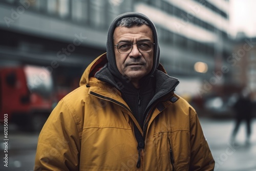 portrait of a middle-aged man in a yellow jacket in the city