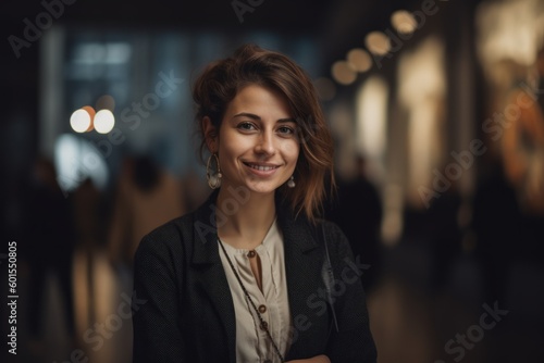 Portrait of a smiling young woman standing in an art gallery.