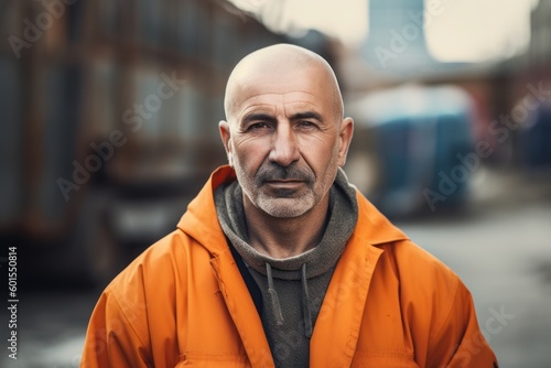 Portrait of a mature man in an orange raincoat on the street