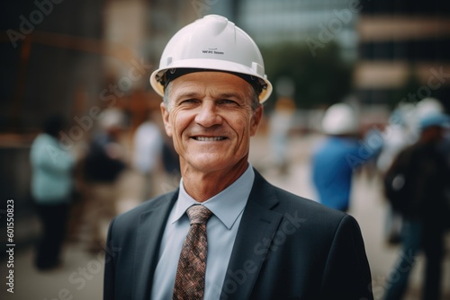 Portrait of mature businessman in hardhat at construction site. Smiling mature man in formalwear.