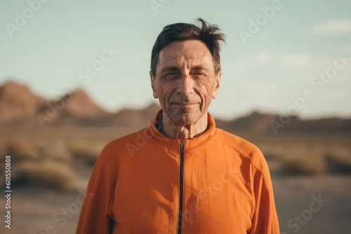Medium shot portrait photography of a satisfied man in his 50s wearing a comfortable tracksuit against a desert background. Generative AI
