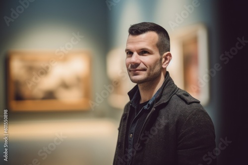 Portrait of a handsome man looking at the exposition in the museum