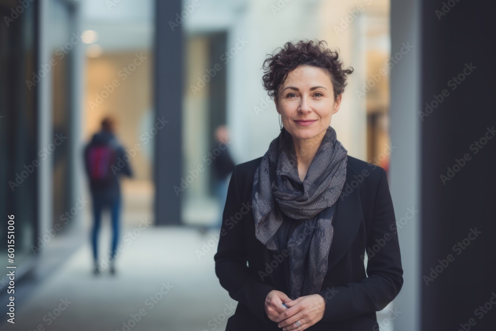 Portrait of smiling businesswoman with arms crossed in corridor of office building Portrait of smiling businesswoman with arms crossed in corridor of office building