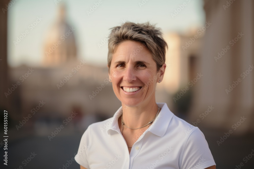 Fototapeta premium Medium shot portrait photography of a grinning woman in her 40s wearing a sporty polo shirt against a historic monument or landmark background. Generative AI