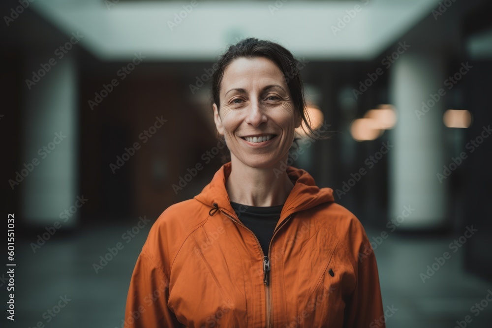 Fototapeta premium Portrait of smiling woman in orange jacket standing in corridor of building