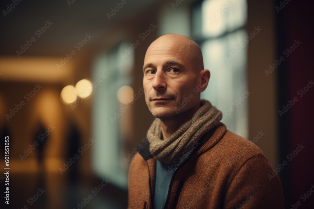 Portrait of a bald man in a coat and scarf looking at the camera Portrait of a bald man in a coat and scarf looking at the camera