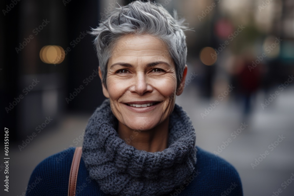 Portrait of smiling middle-aged woman with short grey hair and scarf in the city Portrait of smiling middle-aged woman with short grey hair and scarf in the city