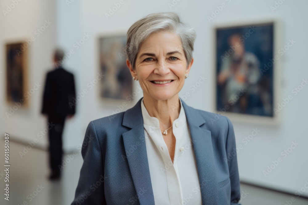 Portrait of smiling senior woman looking at camera while standing in art gallery Portrait of smiling senior woman looking at camera while standing in art gallery