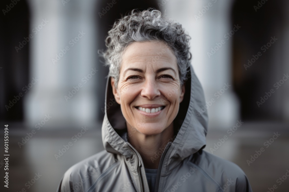 Portrait of smiling senior woman with hooded jacket in the street Portrait of smiling senior woman with hooded jacket in the street