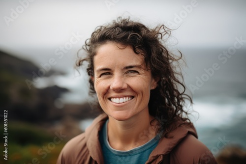 Portrait of smiling woman with curly hair standing in front of ocean