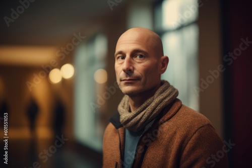 Portrait of a bald man in a coat and scarf looking at the camera