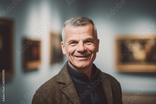 Studio portrait photography of a grinning man in his 50s wearing a cozy sweater against an art gallery or museum background. Generative AI