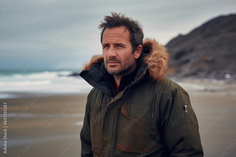 Portrait of a handsome middle-aged man in a green jacket standing on the beach in winter Portrait of a handsome middle-aged man in a green jacket standing on the beach in winter