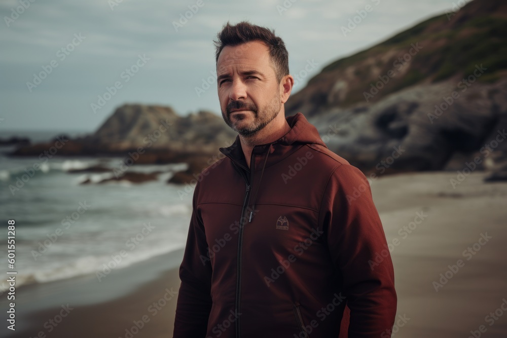 Lifestyle portrait photography of a pleased man in his 40s wearing a comfortable tracksuit against an island or beach paradise background. Generative AI