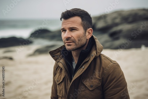 Portrait of a handsome man on the beach in autumn season.