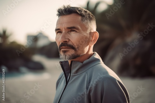 Handsome middle-aged man in sportswear on the beach