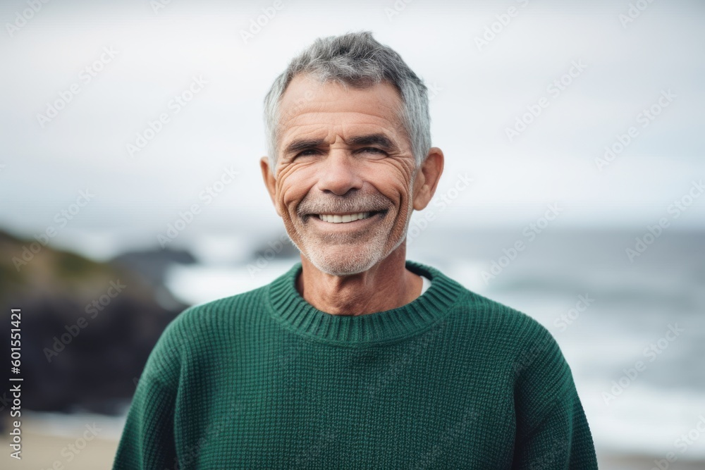 Portrait of smiling senior man standing at beach on a sunny day Portrait of smiling senior man standing at beach on a sunny day