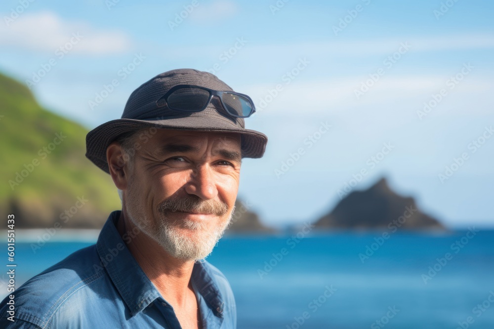 Portrait of a senior man with hat and sunglasses at the beach Portrait of a senior man with hat and sunglasses at the beach