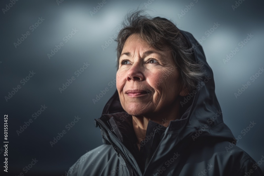 Portrait of senior woman in winter jacket on dark background with copy space