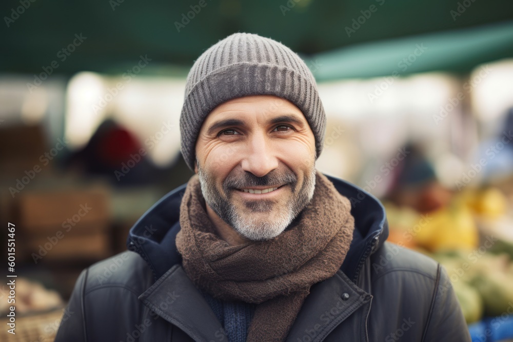 Portrait of a smiling mature man in a winter hat and scarf at the market Portrait of a smiling mature man in a winter hat and scarf at the market
