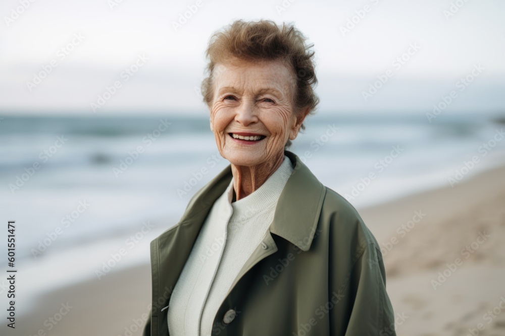 Portrait of smiling senior woman standing on beach and looking at camera Portrait of smiling senior woman standing on beach and looking at camera