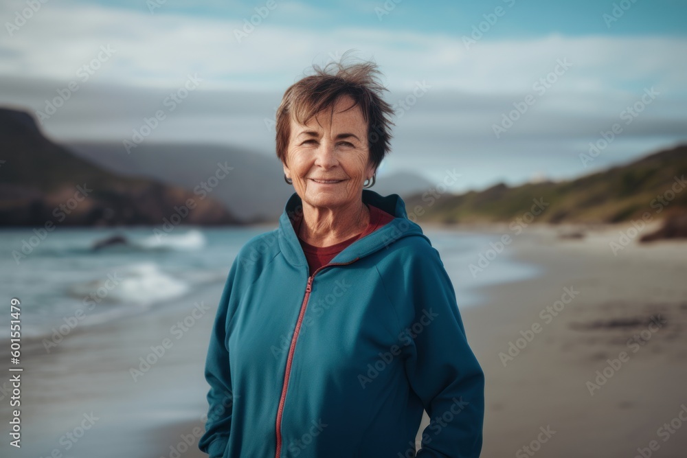 Portrait of a smiling senior woman standing on the beach at sunset Portrait of a smiling senior woman standing on the beach at sunset