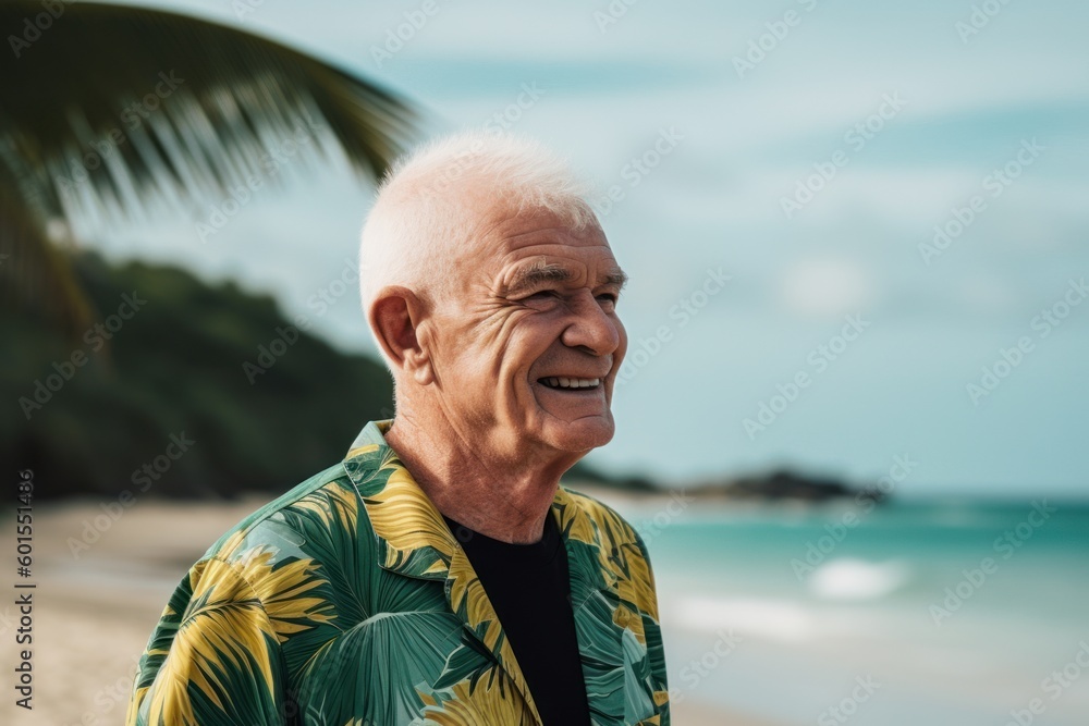 Portrait of happy senior man standing on the beach and looking away