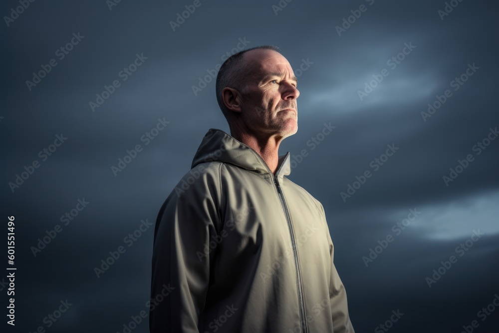 Mature bald man in sportswear looking away against stormy sky Mature bald man in sportswear looking away against stormy sky