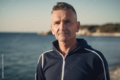 Portrait of senior man in sportswear standing by the sea