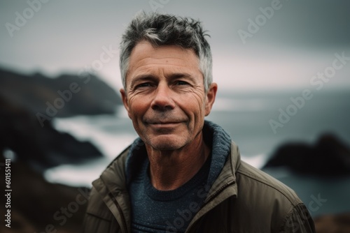 Portrait of a handsome mature man standing in front of the ocean