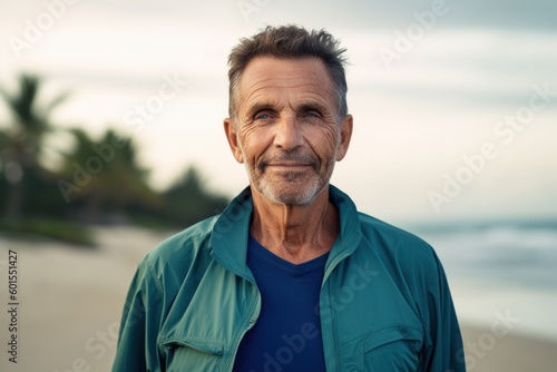 Portrait of senior man standing on beach at sunset. Mature man looking at camera.