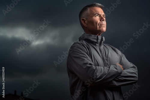 Portrait of a senior man with arms crossed and stormy sky