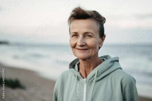 Portrait of smiling senior woman standing on seashore at sunrise © Eber Braun
