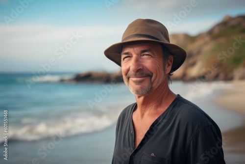 Portrait of happy senior man in hat standing on beach and looking at camera © Eber Braun