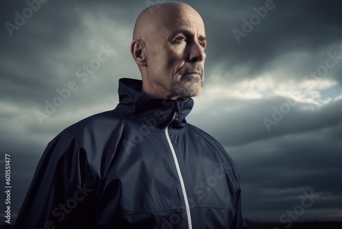 Portrait of a bald man in a raincoat against a stormy sky