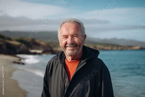 Medium shot portrait photography of a pleased man in his 70s wearing a comfortable tracksuit against an island or beach paradise background. Generative AI