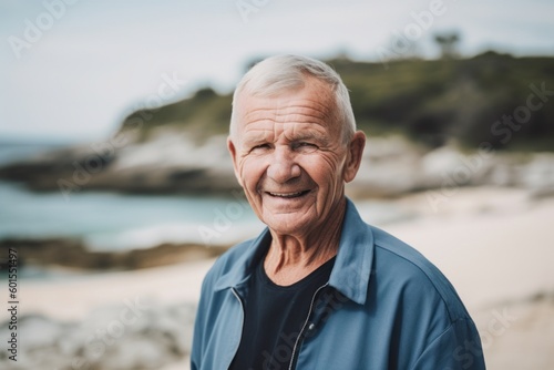 Portrait of smiling senior man standing on the beach and looking at camera